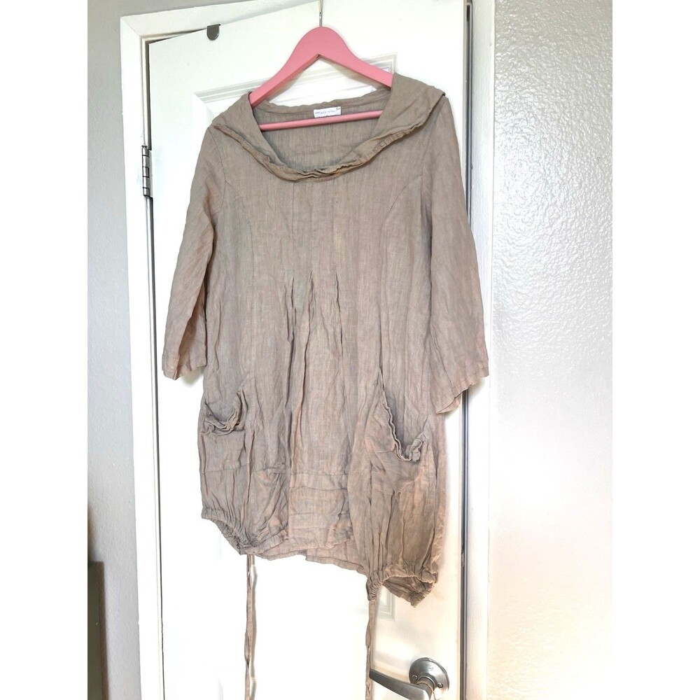 Made In Italy Stone Colored Linen Artists Tunic Size L Front Pockets Pintucks